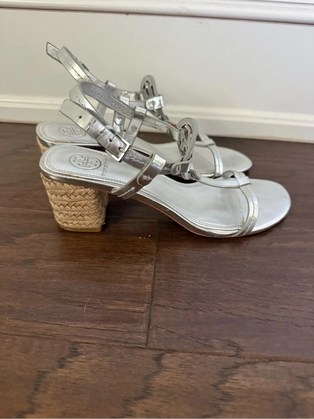 Tory Burch Silver Metallic Leather T-Strap Sandals with Woven Block Heel